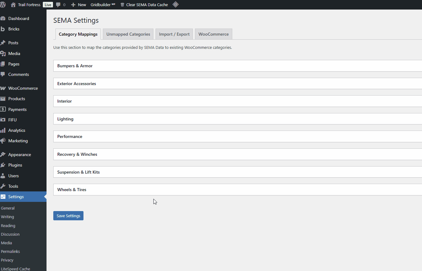 SEMA backend — WordPress dashboard settings